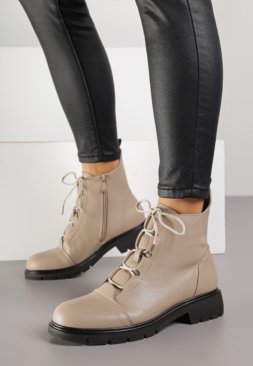 Beżowe Skórzane Botki Typu Trzewiki Wioselle