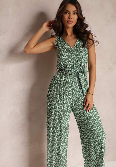 Zielony Kombinezon z Wiskozy bez Rękawów i Wiązanym Paskiem Leara