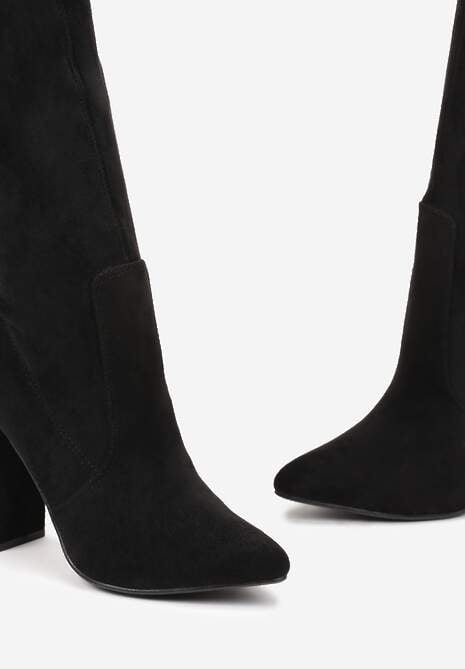 Czarne Dopasowane Kozaki za Kolano na Słupku Bellami