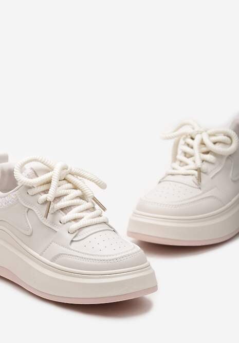 Beżowo-Różowe Sneakersy na Platformie przed Kostkę z Ozdobnymi Przeszyciami Arsicada