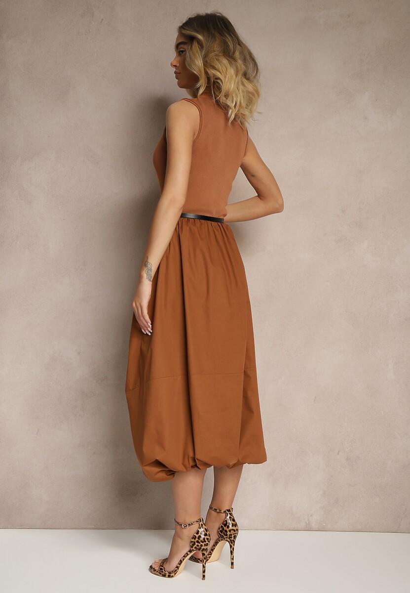 Brązowa Sukienka z Wiskozy o Fasonie Balloon z Eleganckim Paskiem z Klamerką Stelliia