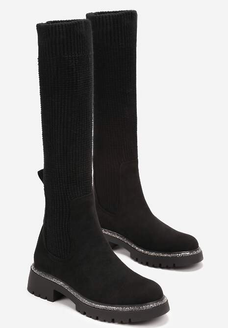 Czarne Kozaki w Cyrkonie z Elastyczną Cholewką przed Kolano Jeanlli