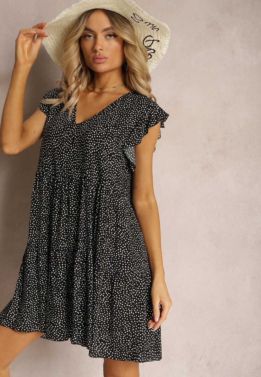 Zielona Rozkloszowana Sukienka z Bawełny w Kropki z Trójkątnym Dekoltem Riessa