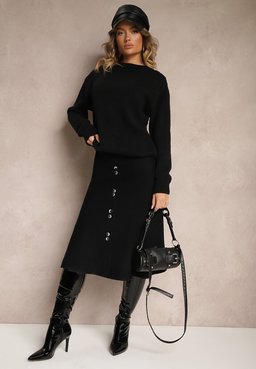 Czarna Spódnica z Dodatkiem Wełny o Rozkloszowanym Kroju z Guzikami Tirezi