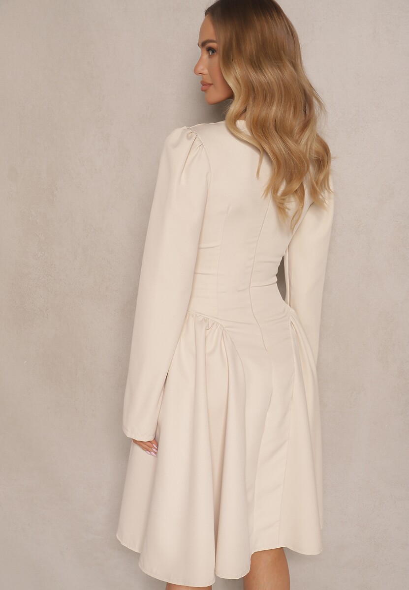 Beżowa Sukienka o Rozkloszowanym Kroju z Gorsetową Górą Tillitte