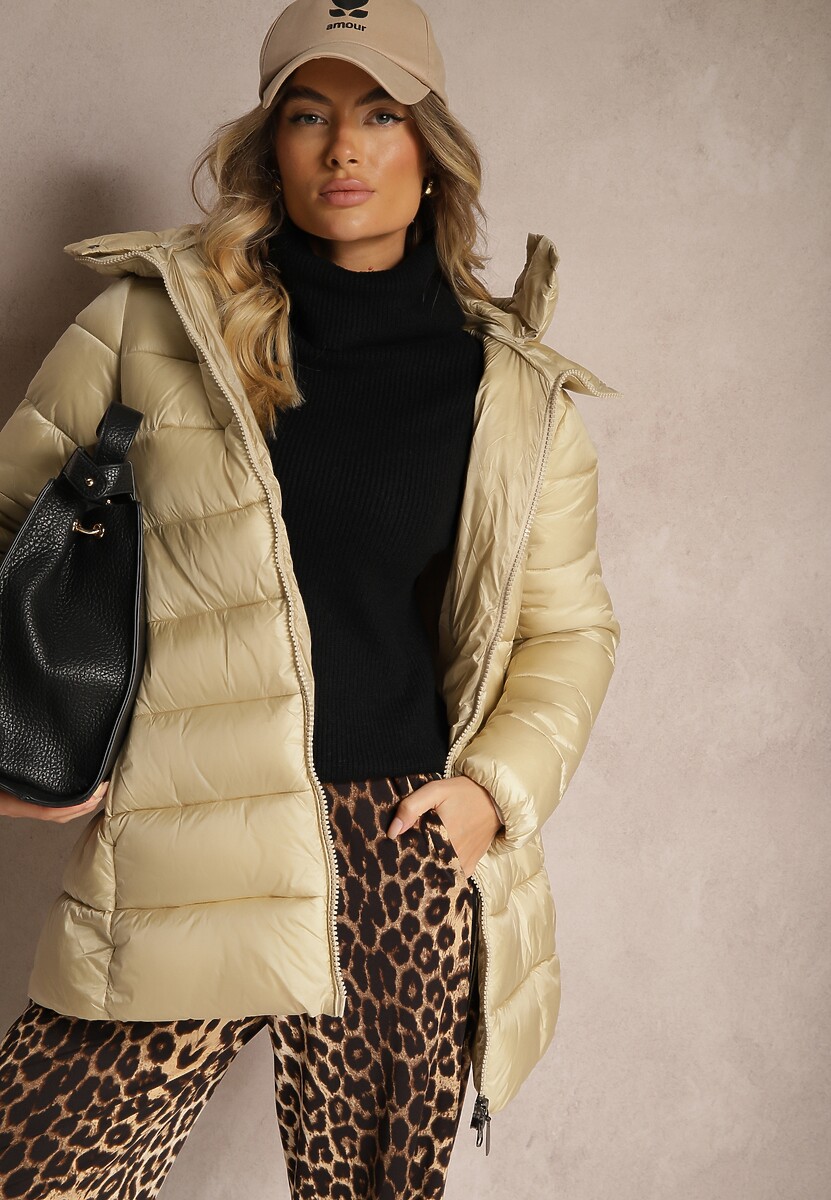 Jasnobeżowa Kurtka Długa Pikowana z Dwustronnym Suwakiem i Odpinanym Kapturem Naonia