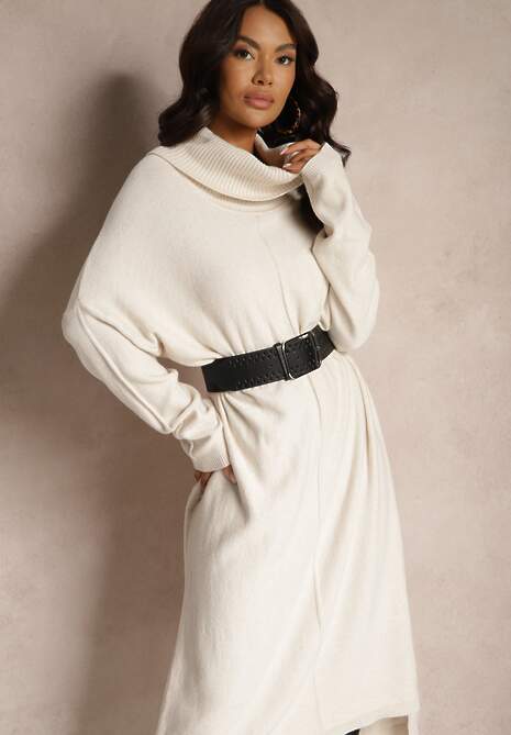 Jasnobeżowa Sweterkowa Sukienka z Wiskozą z Golfem i Eleganckimi Rozcięciami Elettrina