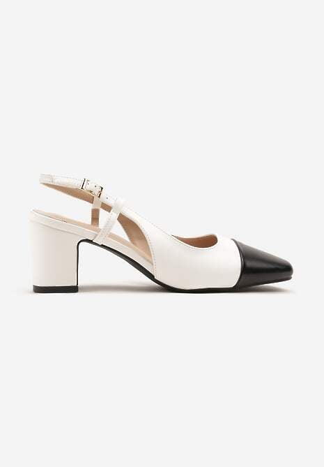 Czarno-Białe Sandały ma Kwadratowym Słupku ze Sprzączką i Noskiem z Detalem Tuvea