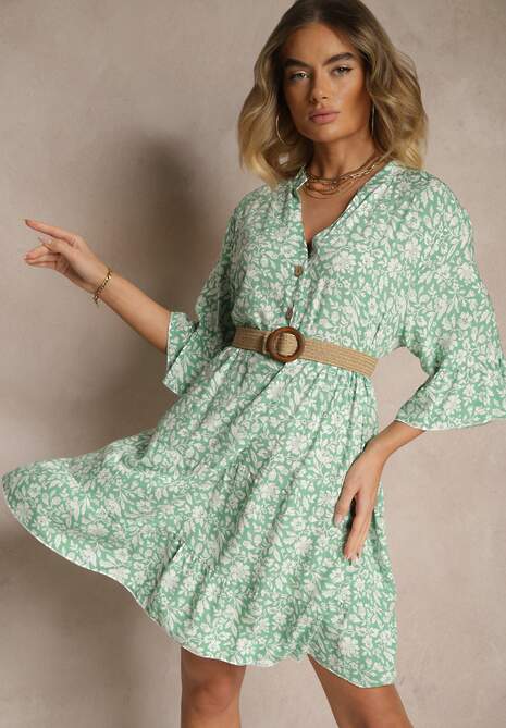 Zielona Rozkloszowana Sukienka z Bawełny Zdobiona Kwiatowym Wzorem Jenelitia