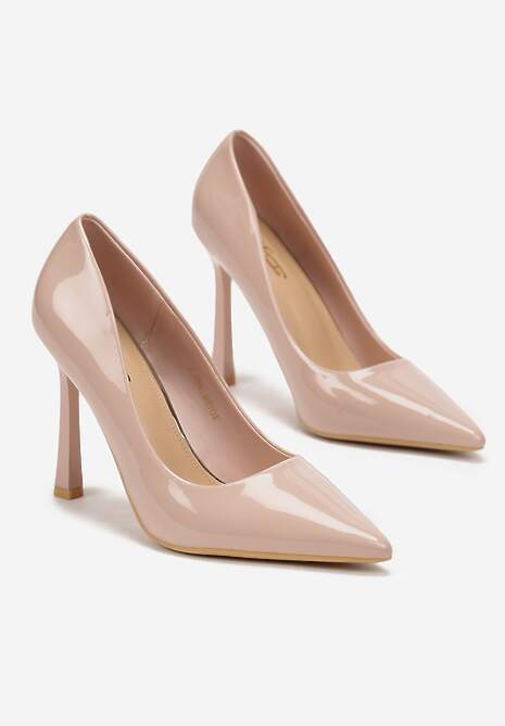 Beżowe Lakierowane Szpilki z Imitacji Skóry o Gładkiej Fakturze Rosaia