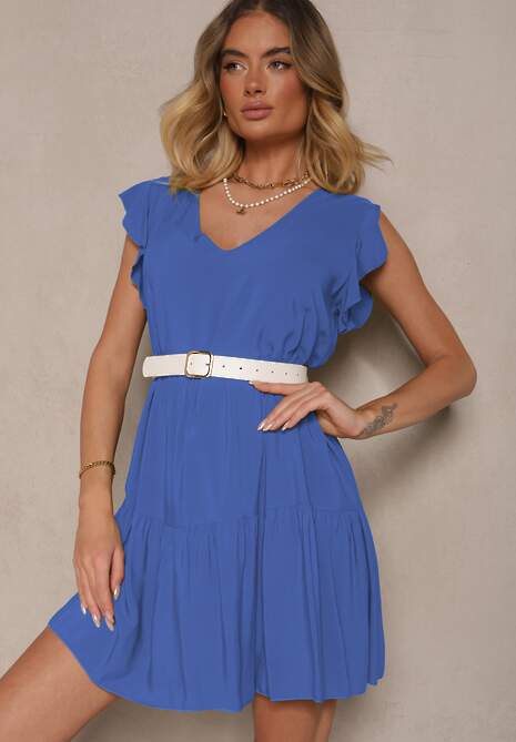 Niebieska Bawełniana Sukienka Rozkloszowana z Falbankami Mirlio