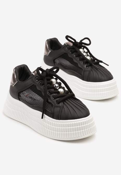 Czarne Sneakersy na Tłoczonej Platformie Elazia