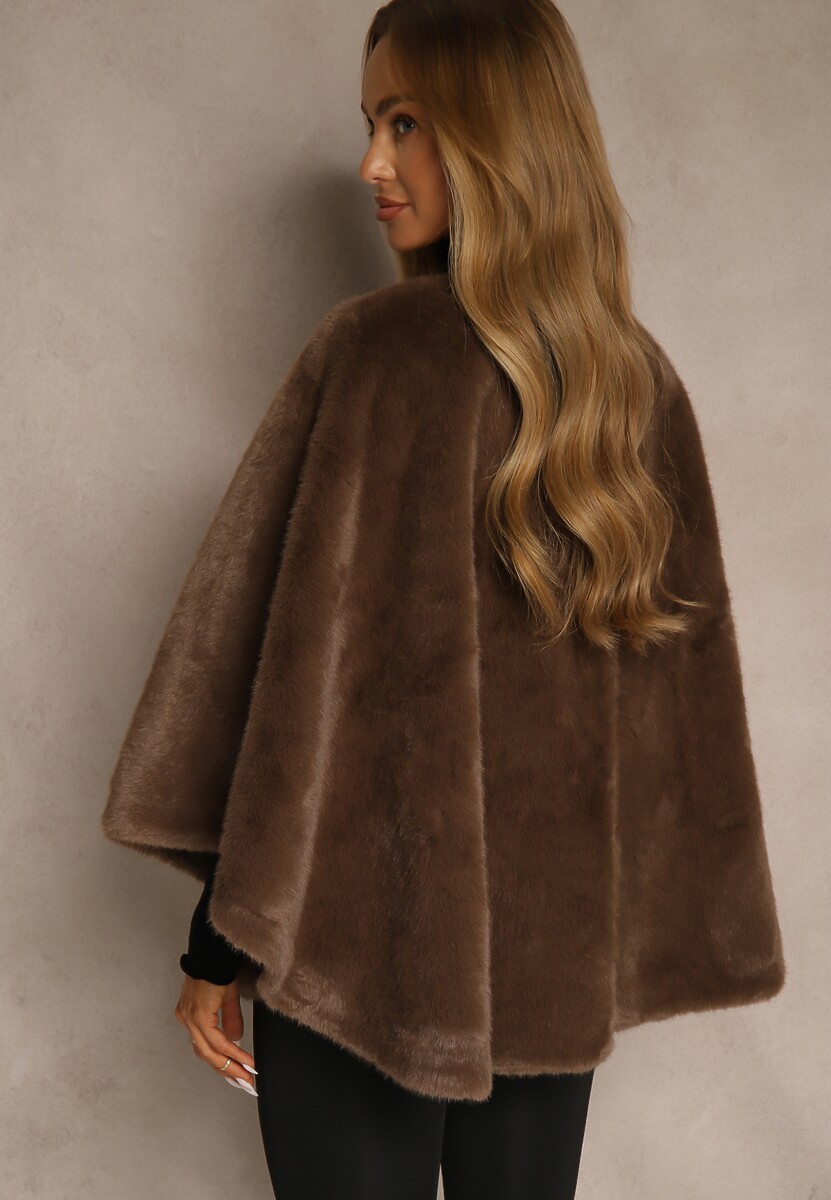 Brązowe Futerkowe Ponczo Ozdobione Paskiem Monareva
