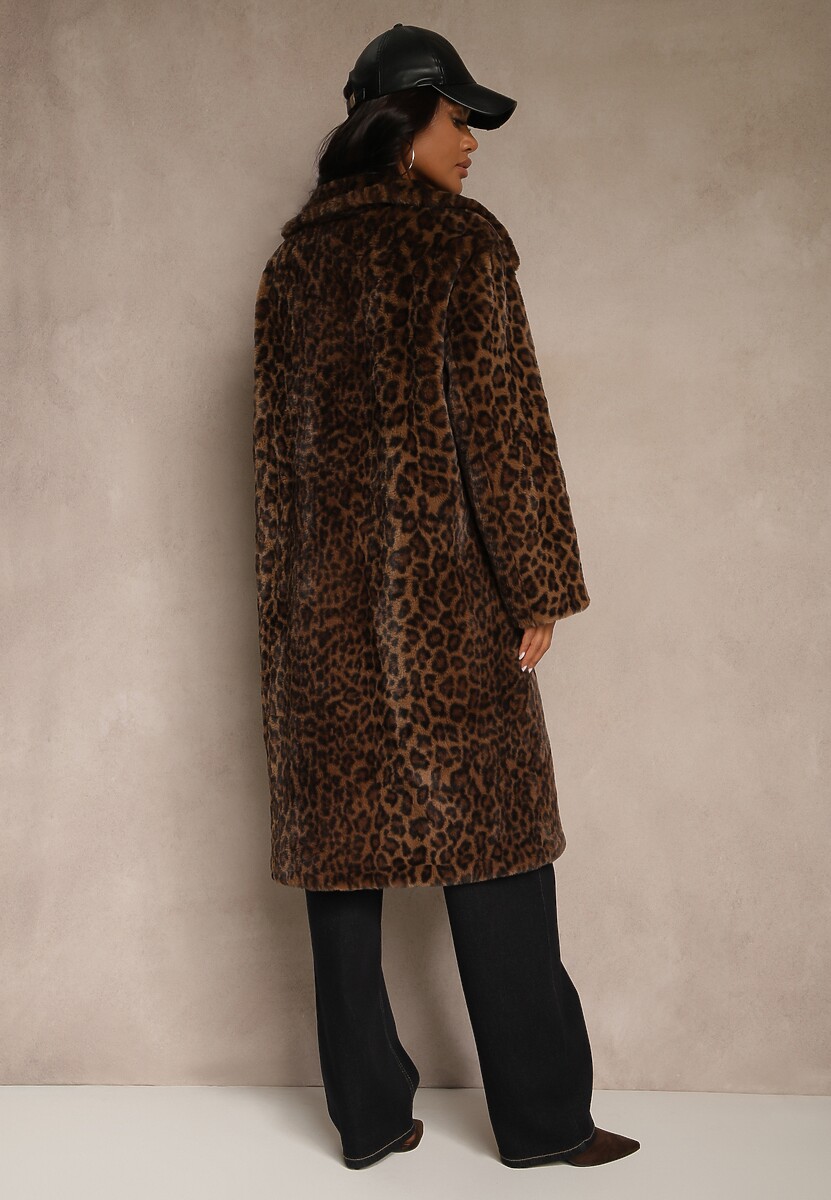Brązowy Panterkowy Płaszcz Futerko o Jednorzędowym Kroju Otirela