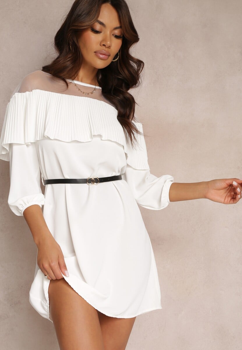 Beżowa Sukienka z Ozdobnym Dekoltem z Falbanką i Paskiem w Komplecie Loretia