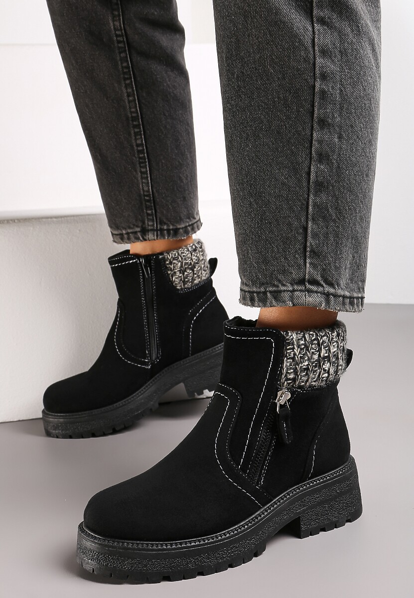 Czarne Botki z Ozdobnym Suwakiem i Materiałową Wstawką Sanremia