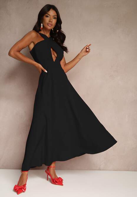 Czarna Koktajlowa Sukienka z Wiskozą i Dekoltem Halter Dolmanna