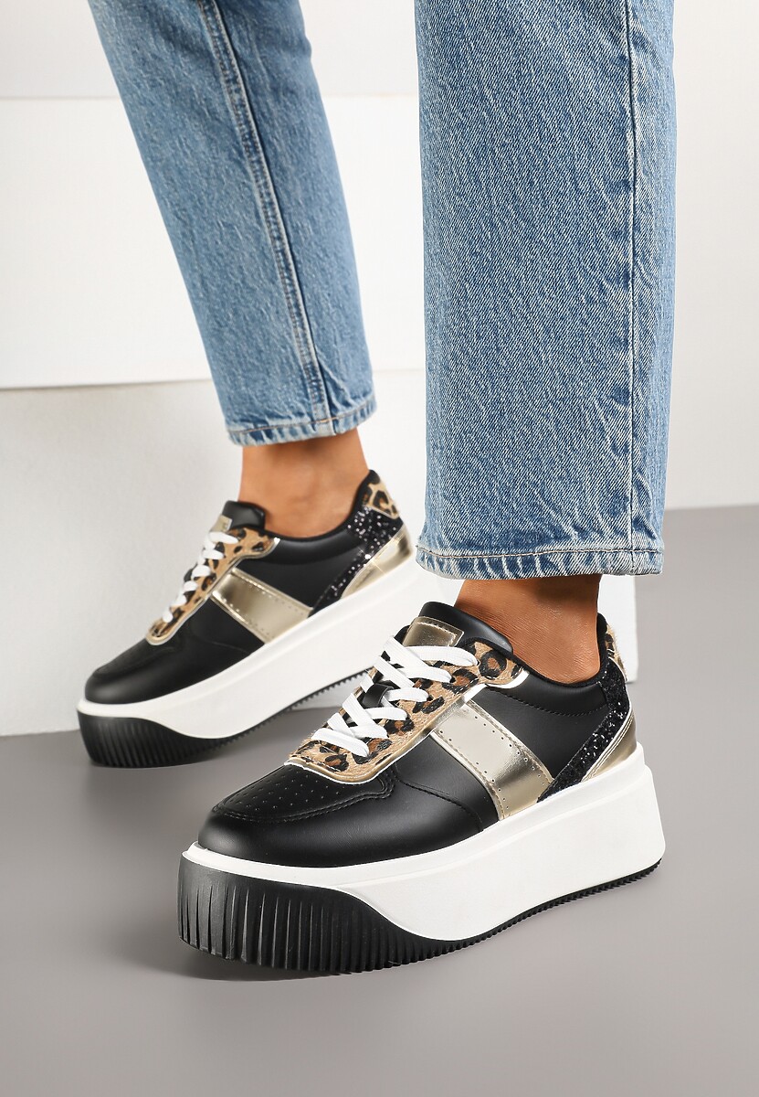 Czarne Sneakersy na Platformie z Metalicznym Zdobieniem i Printem w Panterkę Fonarien
