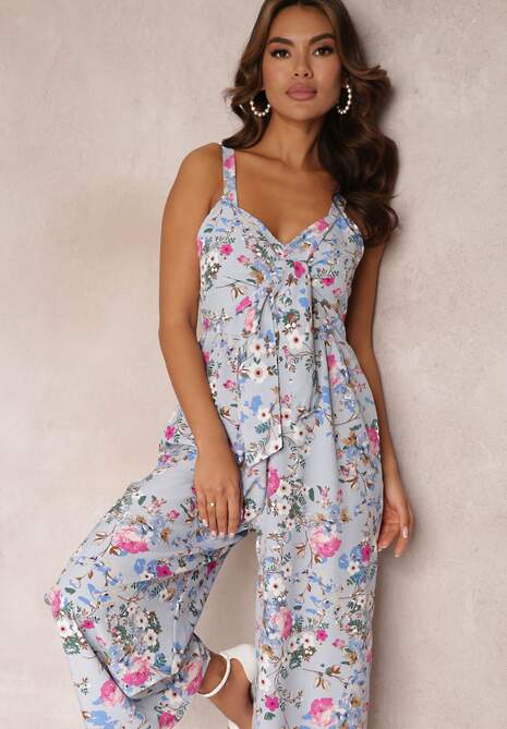 Jasnoniebieski Kombinezon z Szerokimi Nogawkami i Wiązaniem Przy Dekolcie Gloryhallo