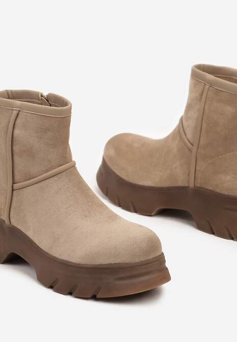 Ciemnobeżowe Ekozamszowe Botki na Grubej Podeszwie Cinzina