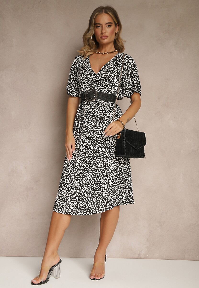 Czarna Rozkloszowana Sukienka z Bawełny Zdobiona Kwiatowym Printem Arirelle