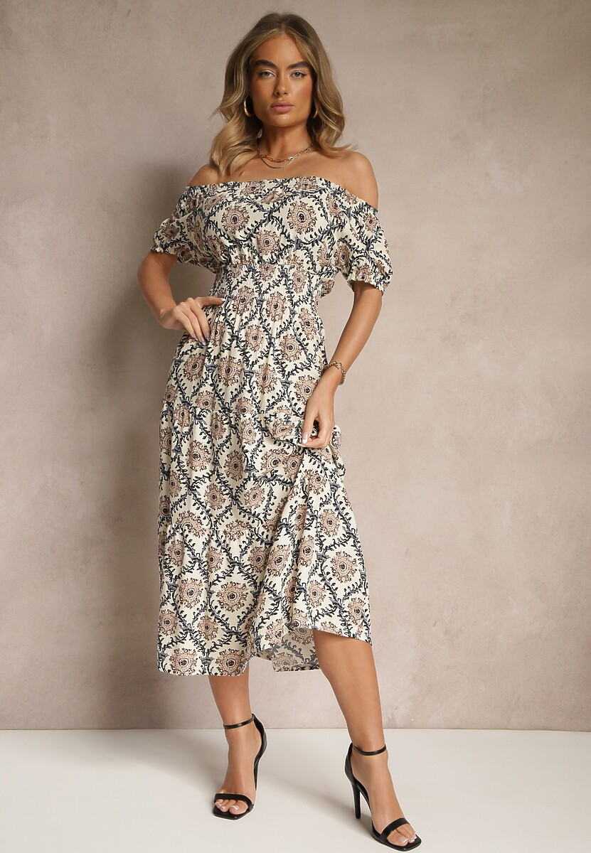 Beżowo-Niebieska Sukienka z Bawełną Ozdobiona Bufiastymi Rękawami Revalle