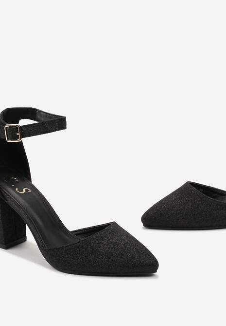 Czarne Czółenka z Brokatowej Ekoskóry na Słupku Tirella