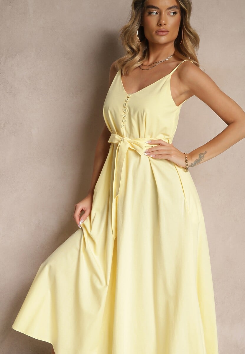 Żółta Sukienka z Bawełną i Wiskozą z Ozdobnym Paskiem Savaine