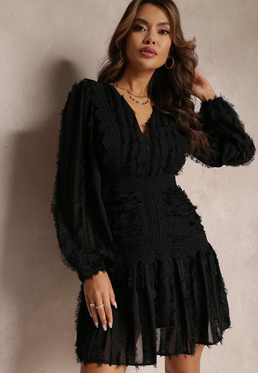 Beżowa Sukienka Rozkloszowana z Wystrzępieniem i Koronką Avela