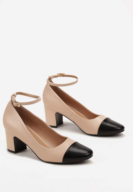 Beżowe Czółenka na Słupku z Noskiem Typu Migdał i Sprzączką Haraldia