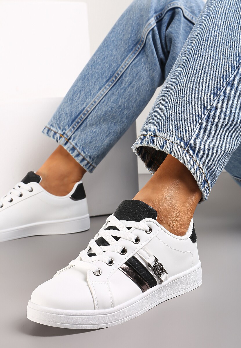 Biało-Czarne Sneakersy z Ozdobną Klamrą i Cholewką przed Kostkę Teralis