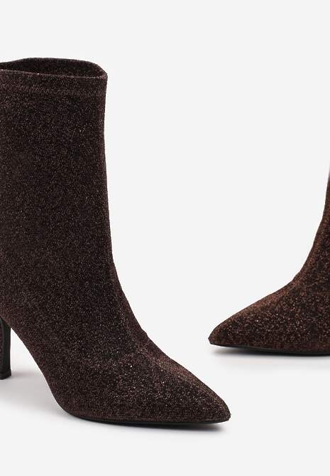 Brązowe Skarpetkowe Botki na Szpilce z Elastycznego Materiału z Brokatowym Połyskiem Sulcia