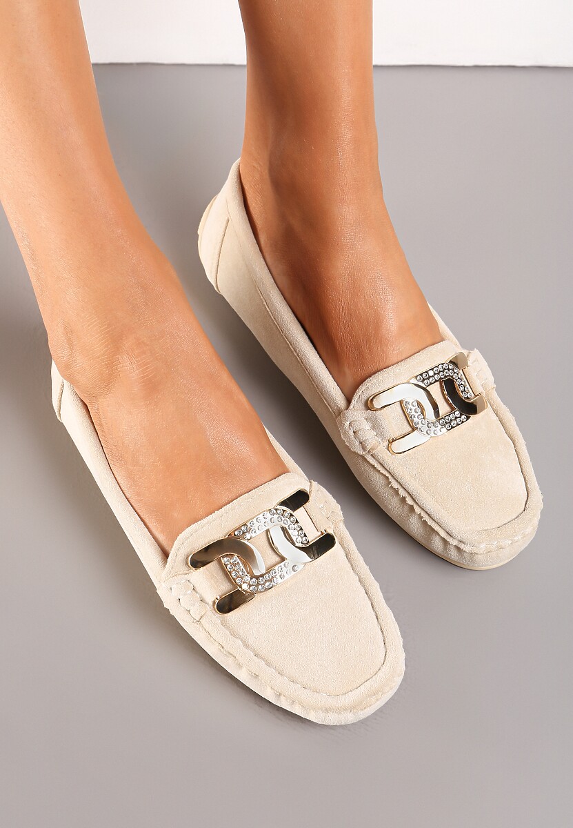 Ciemnobeżowe Płaskie Mokasyny z Ekozamszu Ozdobione Klamrą z Cyrkoniami Tailer