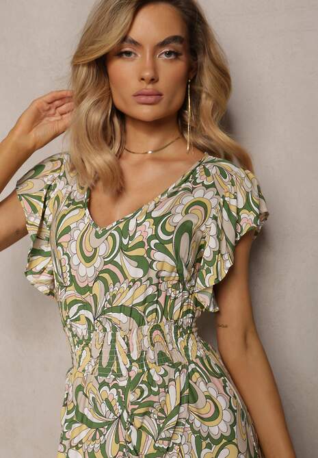 Ciemnozielona Sukienka Boho z Gumką w Pasie i Asymetrycznym Dołem z Wiskozy Anorissa