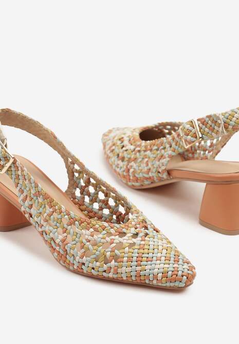 Pomarańczowe Sandały na Słupku Slingback Ozdobione Plecioną Cholewką Linaiana