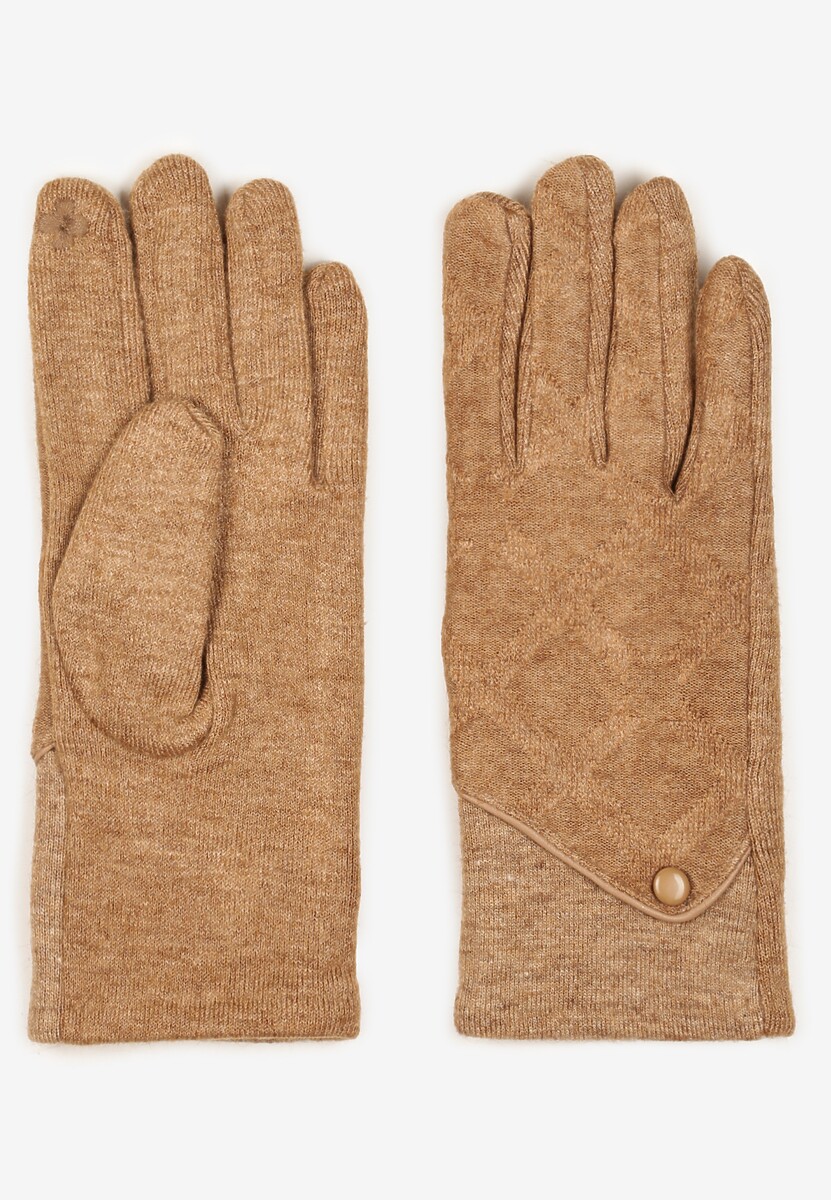 Brązowe Dzianinowe Rękawiczki Eleganckie z Ozdobnym Guzikiem Senindra