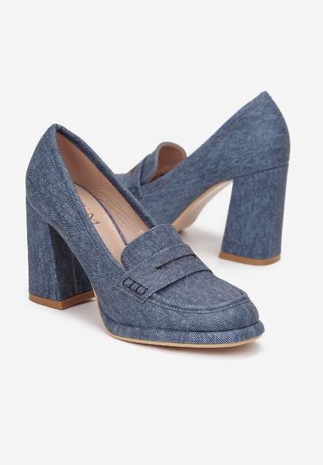Granatowe Jeansowe Półbuty na Słupku z Przeszyciami Demese