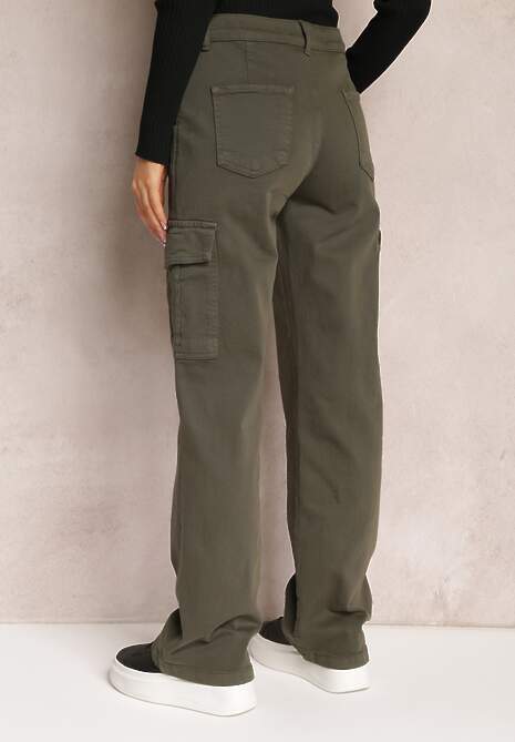 Ciemnozielone Szerokie Jeansy Cargo z Elastycznej Bawełny Ganiaba