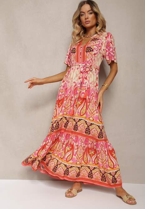 Czerwona Boho Sukienka z Wiskozy z Ozdobnymi Guzikami i Cienkim Paskiem w Talii Dimosia