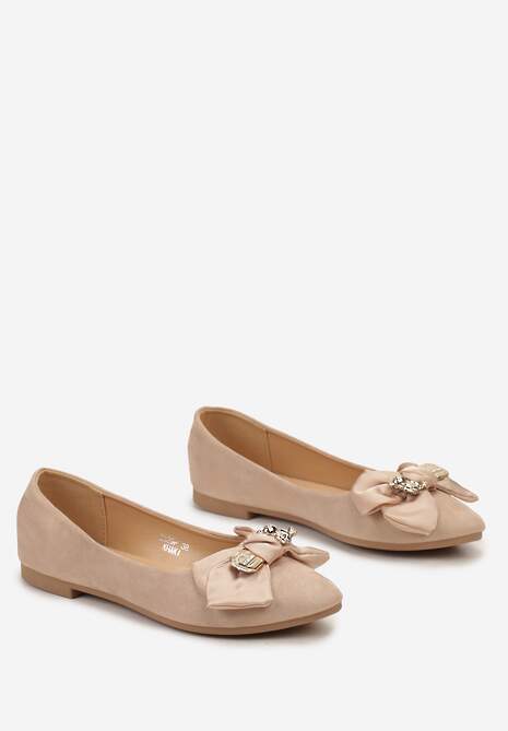Ciemnobeżowe Eleganckie Balerinki z Kokardką i Metaliczną Klamrą Kleveni