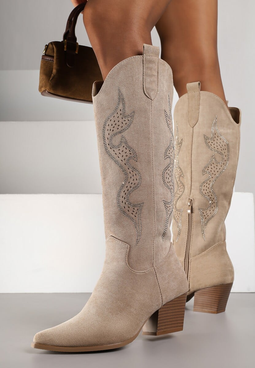 Brązowe Kozaki Kowbojki na Stożkowym Obcasie Zdobione Cyrkoniami Nalasania