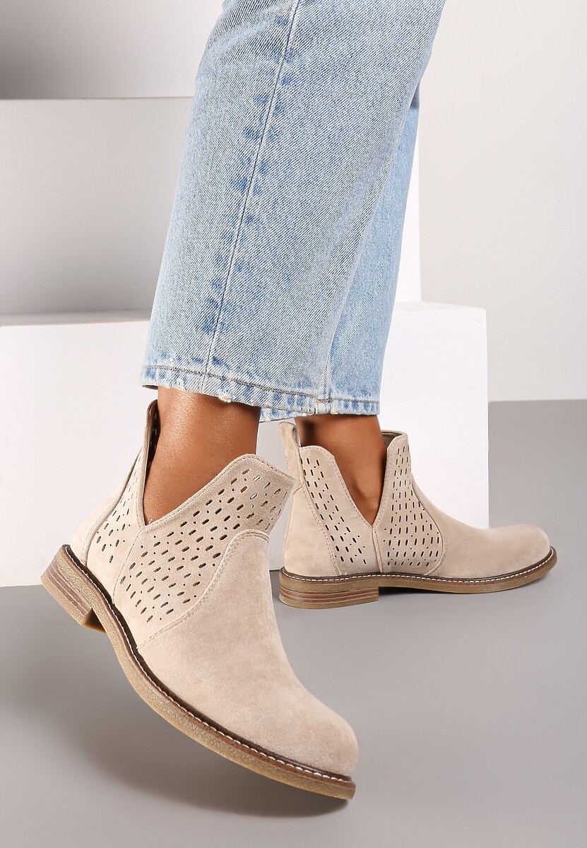 Beżowe Ażurowe Botki w Stylu Sztybletów z Wycięciem z Boku i Skórzaną Wkładką Bralena