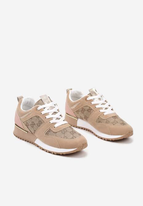Beżowo-Różowe Sneakersy Ozdobione Wzorzystymi Wstawkami Halisna