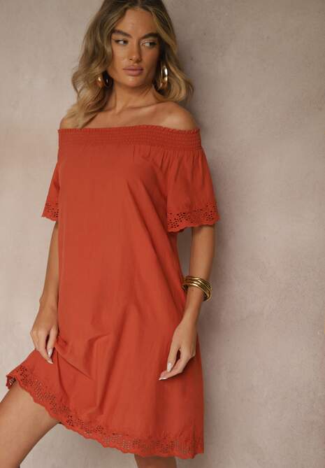 Pomarańczowa Sukienka o Kroju Hiszpanki z Bawełny z Ażurowymi Zdobieniami Filviana