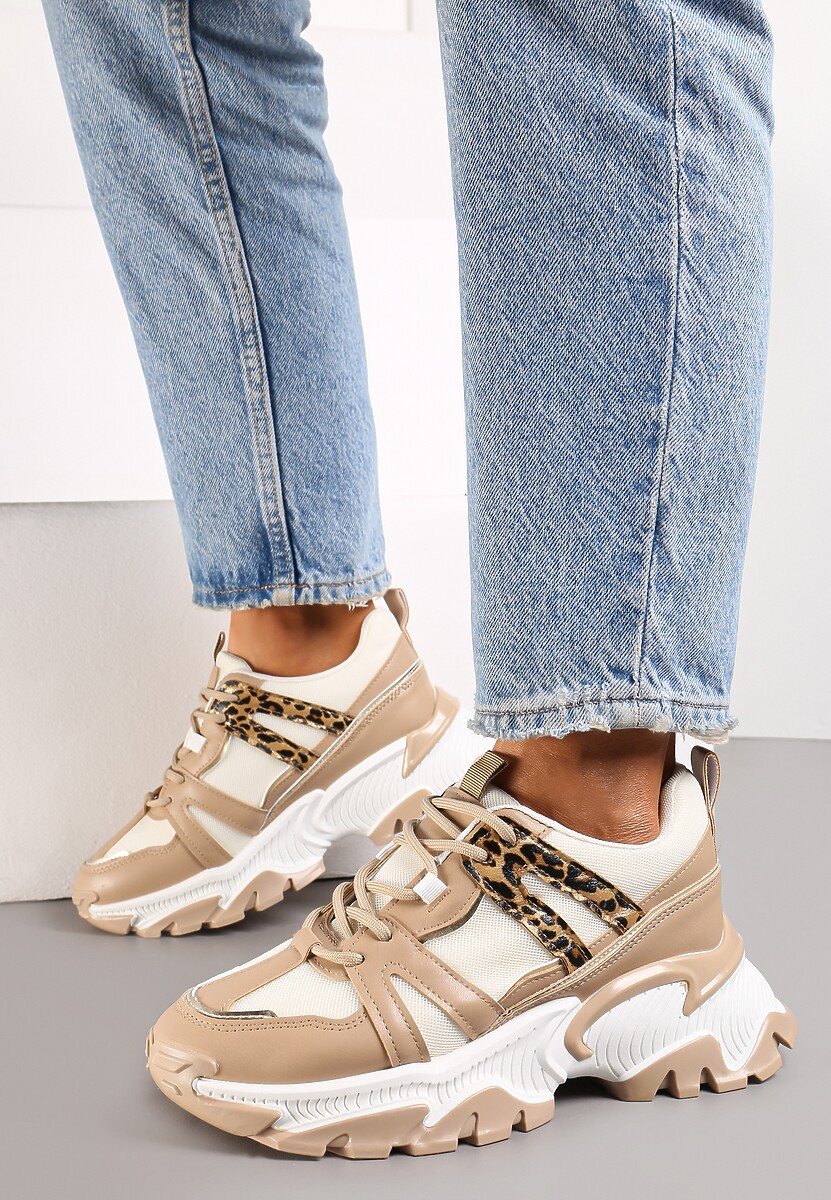 Ciemnobeżowe Sznurowane Sneakersy na Grubej Podeszwie ze Wstawkami i Brokatem Widgeta