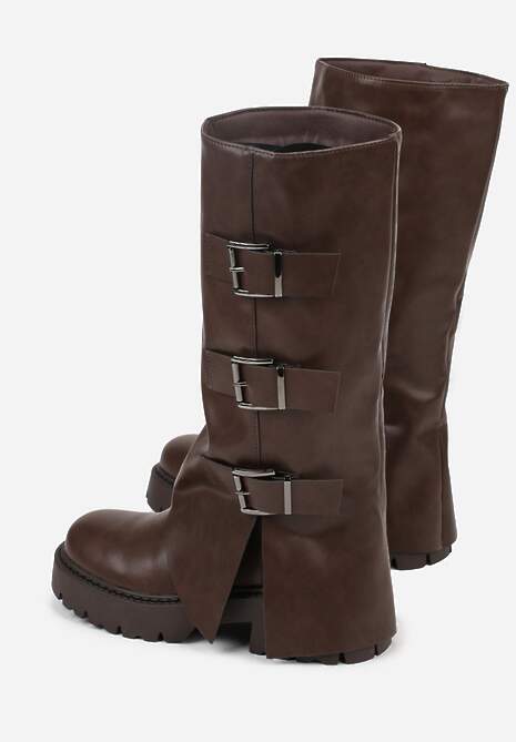 Ciemnobrązowe Kozaki VICES z Wywiniętą Cholewką Zdobioną Sprzączkami Anileria