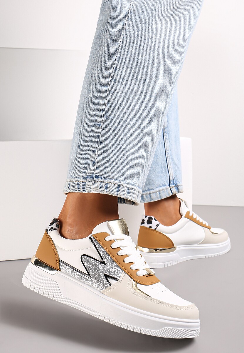 Biało-Brązowe Płaskie Sneakersy z Metalową i Brokatową Wstawką Nebritta