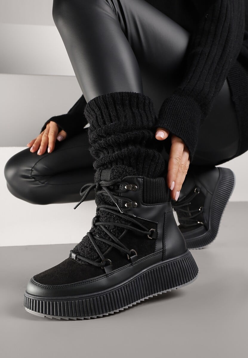 Czarne Śniegowce Trapery Vices na Płaskiej Podeszwie z Futerkiem w Stylu Baranka ze Sznurowaniem Temirits