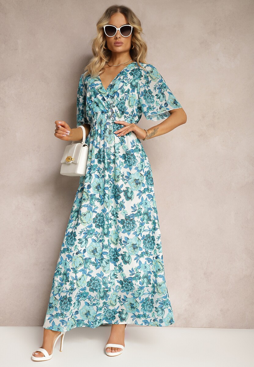 Biało-Niebieska Sukienka z Kopertowym Dekoltem z Gumką w Talii i Metaliczną Nicią Sollas