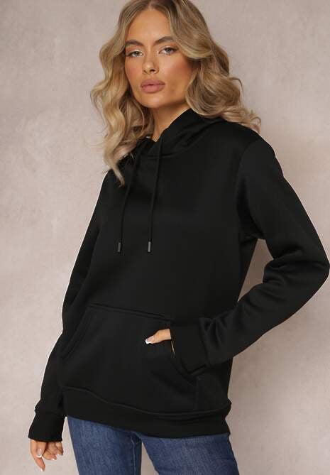 Czarna Bluza z Kapturem i Sznurkami oraz Kieszenią Wykończona Ściągaczami Vrokira